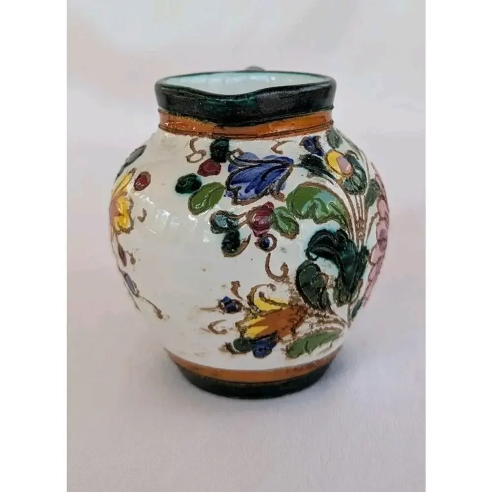 Vtg Italian Pottery Colorful Hand Painted Floral Pitcher 3.5